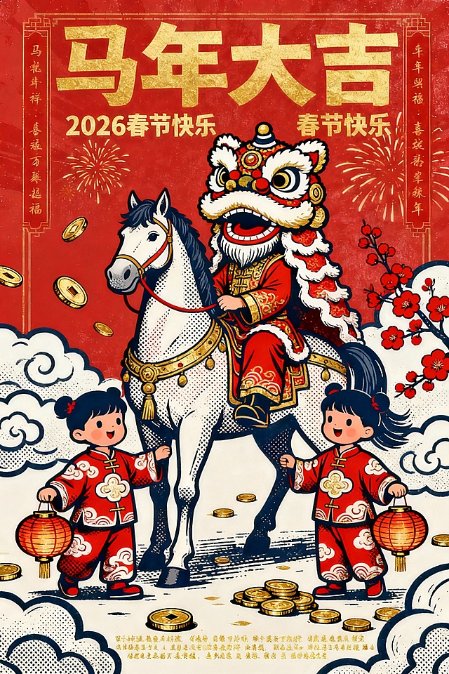 国潮插画风，拟人舞狮骑马，卡通童子提灯迎春，鎏金文字与印刷质感结合，喜庆红金配色，洋溢2026春节吉祥氛围。