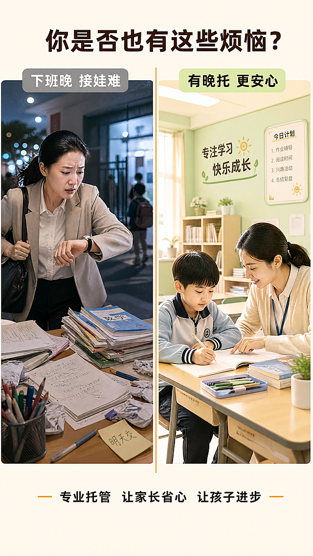 [第2屏] 家长痛点与目标场景展示
[氛围/风格] 生活化场景对比风格，清晰直观，对比分明，温暖干净
[元素布局] 画面左右分栏对比布局：左栏为晚托前痛点场景，右栏为晚托后安心场景。左栏展示下班晚赶接娃的匆忙家长，桌面堆满未整理的作业；右栏展示孩子在教室安静写作业，老师耐心辅导，书桌整齐。分栏之间用浅橙色分割线，上下保留标题和说明区域
[光影质感] 左右光影统一，左栏稍暗突出焦虑感，右栏明亮突出安心感，整体画面清晰通透
[配色色系] 全局底色：#FAF6F0（暖米白）；左栏主色：#E8E8E8（浅灰），右栏主色：#F0F9E6（浅绿）；分割线：#FFA500（浅橙色）；文字：#333333（深棕）
[视角构图] 分屏对比构图，左右均衡，标题在顶部，说明文字在分栏下方，符合9:16竖版阅读顺序
[文字版式] 顶部大标题："你是否也有这些烦恼？"，居中深棕加粗；左栏标题："下班晚 接娃难"，小字体浅灰色块配白字；右栏标题："有晚托 更安心"，小字体浅绿色块配深棕字；下方总结文案："专业托管 让家长省心 让孩子进步"，底部居中，字号适中，不遮挡场景，文字清晰可辨
[比例分辨率] 9:16竖版比例，4K分辨率，文字清晰可读
[负向提示词] 人物变形，场景模糊，文字错乱，色彩不协调，水印，构图不均