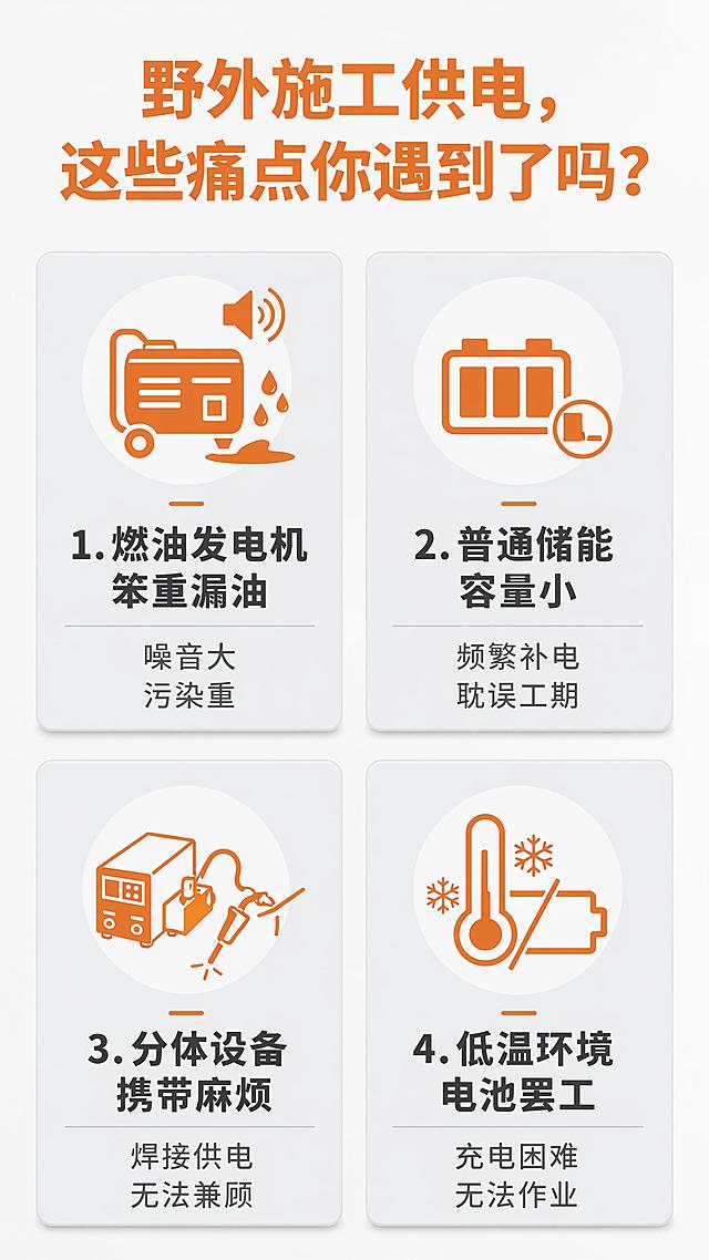 [第2屏] 详情页痛点直击，列出野外工程施工传统供电方案的常见痛点。
[氛围/风格] 专业对比风，浅灰色工业背景，清晰图文排版，直观突出问题。
[元素布局] 顶部大标题区域，下方分四个卡片式区域分别列出不同痛点，每个痛点配简洁图标。痛点内容：1.燃油发电机笨重漏油，噪音大污染重；2.普通储能容量小，频繁补电耽误工期；3.分体设备携带麻烦，焊接供电无法兼顾；4.低温环境电池罢工，充电困难无法作业。整体留白合理，文字清晰不拥挤。
[光影质感] 均匀柔和室内布光，文字与卡片对比清晰，阅读舒适。
[配色色系] 全局底色 #f5f5f5；主色深灰色文字，橙色主标题，浅灰色卡片背景，橙色图标点缀。
[视角构图] 从上到下线性排版，从上至下阅读动线清晰，信息层级分明。
[文字版式] 顶部主标题「野外施工供电，这些痛点你遇到了吗？」加粗橙色大字居中；下方四个痛点卡片分两行两列排布，每个卡片配图标+痛点标题+简短说明，文字清晰可读，字号适配手机端浏览。
[比例分辨率] 9:16 竖版比例，4K分辨率，文字清晰可辨，高清画质。
[负向提示词] 文字错乱，文字过小，水印，背景杂乱，图形变形