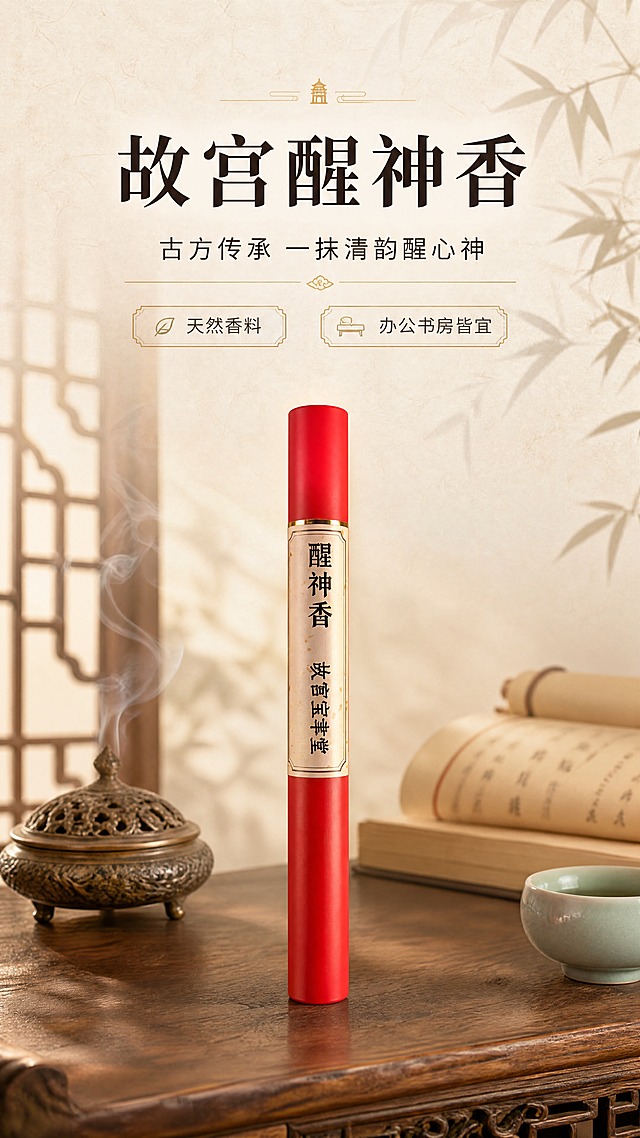 [商品] 使用【图1】故宫宝聿堂醒神香红色纸筒包装；保留红色筒身、米白色竖排标签文字"醒神香 / 故宫宝聿堂"、顶部金色装饰环、圆柱形纸筒结构与比例；清晰化标签文字与金色环质感，不改变商品原貌与文字内容。
[画面] 页面目标：氛围头图，建立故宫文化醒神香第一印象。构图：居中偏下产品主体，产品占画面55%，竖版9:16；阅读动线从上至下，上方留白放主副标题，下方产品置于新中式书房案几上；前景案几木纹、中景产品+香炉/书卷/青瓷杯道具、后景虚化窗棂与竹影，≥3层环境元素。
[视觉] 套系策略：风格=东方雅致新中式商业摄影；标题字=宋体衬线粗体；正文字=简洁黑体；主色=故宫红+米杏白；背景延展=基于米杏白做深浅层级、宣纸纹理与同色渐变；强调色=烫金色，仅用于小面积图标、引线、标签和装饰线条；标题色=深墨褐；正文色=中暖灰；组件=细线描边信息卡、中式分隔线、印章式小标签；光影=左前侧暖柔光，右侧柔和补光，产品底部自然投影。
[文字] 上方居中主标题"故宫醒神香"，副标题"古方传承 一抹清韵醒心神"，下方配2个短卖点"天然香料""办公书房皆宜"，文字区不遮挡产品主体与标签文字，所有文字横排。
[规格] 图片比例9:16竖版，4K分辨率，淘宝/天猫详情页，避免变形、错字、文字过小、冷蓝/蓝灰背景、商品颜色改变、标签文字错乱、极限词与虚假功效宣传。