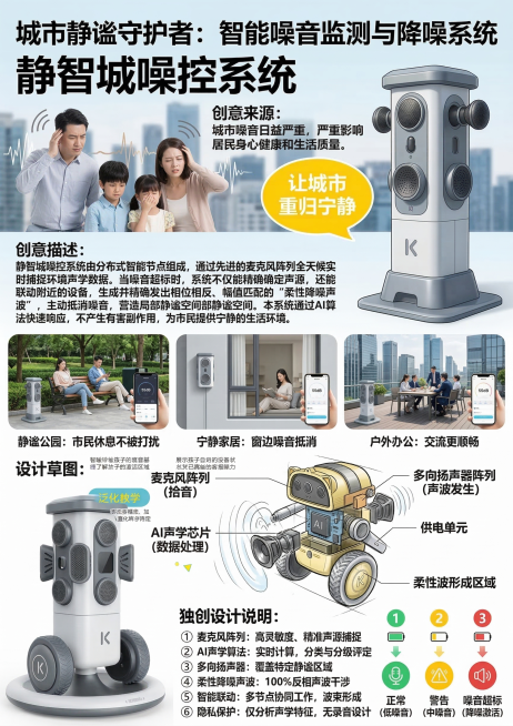 仿照参考图片版式设计城市噪音监测与降噪系统海报，整体风格明亮现代，包含作品名称、创意来源、创意描述、设计草图、设计样图、独创设计说明板块，所有文字为大字号中文，主题是城市噪音监测与降噪系统：实时监测噪预览效果