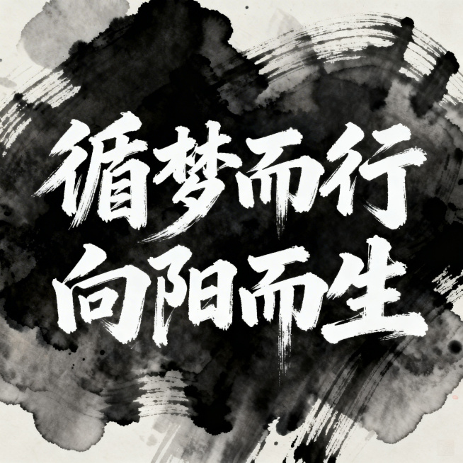 白色书法艺术字“循梦而行    向阳而生”，字体苍劲有力，具有艺术美感预览效果