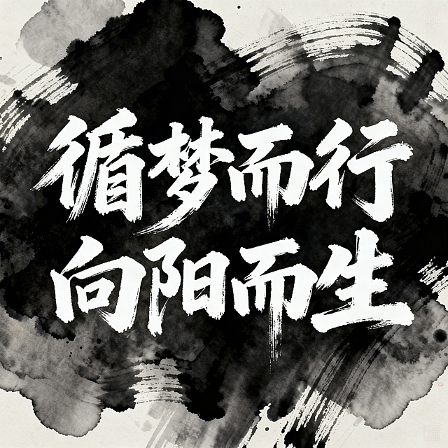 白色书法艺术字“循梦而行    向阳而生”，字体苍劲有力，具有艺术美感