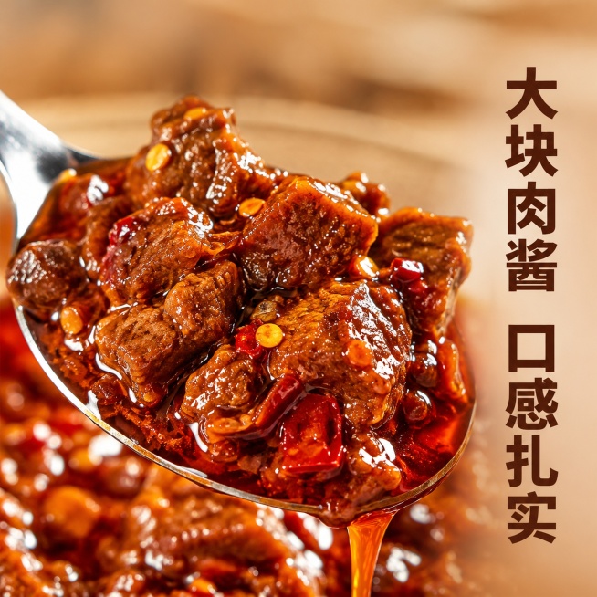[主图-3] 鸡笼山辣酱肉酱微距质感特写图。
[氛围风格] 极致食欲感微距特写，突出酱料真实质感。
[画质] 超高清微距摄影，每一粒肉块和辣椒纹理都清晰可见。
[元素] 金属勺子舀起满满一勺鸡笼山辣酱预览效果