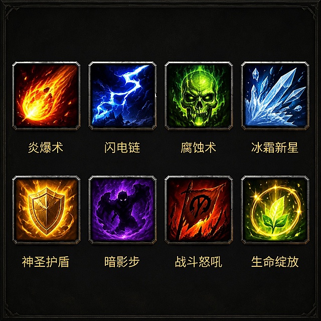 参考魔兽世界技能图标风格，生成八个游戏技能图标，在同一页面等距离排列，统一方形带边框深色背景的奇幻游戏UI图标风格，每个图标下方标注对应中文名称
