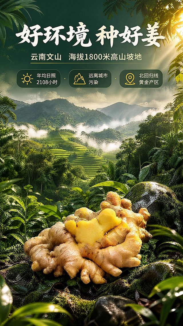 [商品] 使用【图1】新鲜小黄姜实物；保留姜块不规则形态、浅棕表皮、切开后鲜黄肉质、自然纹理。
[画面] 目标：产地叙事页，展示云南文山山地雨林产地环境优势。构图：上半部分为山地雨林全景（层层梯田、云雾缭绕的高山、茂密雨林植被），下半部分前景为新鲜小黄姜置于雨林地面，占画面40%。阅读动线从上至下，前中后景：前景鲜姜+苔藓石头、中景雨林植物、远景高山云雾。
[视觉] 套系策略：风格=山地雨林原生态商业摄影风；标题字=书法衬线粗体；正文字=简洁无衬线体；主色=森林深绿+姜黄；背景延展=基于森林深绿做深浅层级、雨林植物剪影和阳光穿透质感；强调色=姜黄色，仅用于小面积图标、引线和标签；标题色=米白色；正文色=浅米黄；组件=圆角深绿信息卡、细线引线、植物叶片装饰；光影=右上侧暖阳光+雨林散射柔光。
[文字] 顶部主标题"好环境 种好姜"，副标题"云南文山 海拔1800米高山坡地"，三个信息点"年均日照2108小时""远离城市污染""北回归线黄金产区"，文字位于上半部分留白区，不遮挡鲜姜主体。
[规格] 图片比例9:16竖版，4K，负向：避免变形、错字、文字过小、冷蓝背景、姜的颜色改变、医疗功效宣传、极限词。