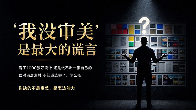 基于参考图的画面氛围和构图，将其设计为一张16:9横版内容种草海报。保留原图中人物剪影站在满是设计素材的墙面前、头顶有发光问号的核心画面元素和暗黑聚光氛围，画面左侧留出大面积深色负空间用于排版文字。

文字排版要求（全部放在画面左侧的深色负空间区域）：
1. 主标题（金色衬线字体，大号，最醒目）："'我没审美'是最大的谎言"
2. 正文（白色无衬线字体，中号，行间距1.5倍，位于主标题下方）："看了1000张好设计 还是做不出一张自己的
面对满屏素材 不知道选哪个、怎么搭"
3. 底部点睛（金色无衬线字体，小号加粗，位于正文下方偏下位置）："你缺的不是审美，是表达能力"

画面右侧保留原图的素材墙和人物剪影，整体为暗黑电影感氛围，聚光灯从上方打下，质感高级，版式精美，左右构图平衡。除了上述指定的三段文字外，画面中不得增加任何其他文字内容。画面中所有信息区域必须填充完整合理的内容，不得出现空白框或占位。