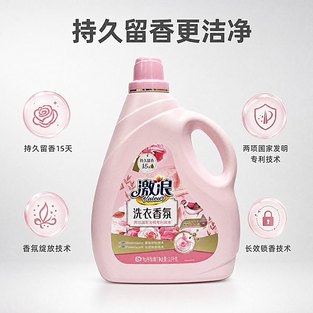[主图-2] 激浪洗衣液核心亮点证明图
[氛围风格] 干净专业可信，轻科技感
[画质] 商业摄影质感，光线柔和通透，产品清晰真实，画面干净高级
[元素] 洗衣液居中展示，背景为浅灰渐变干净背景。围绕产品展示核心技术亮点，用四个小气泡图标分别标注：1.持久留香15天 2.两项国家发明专利技术 3.香氛绽放技术 4.长效锁香技术。保持洗衣液产品外观（物理结构、材质质感、粉色瓶身颜色）与输入产品图绝对一致，杜绝任何变形和色差，精细化处理。产品主体占比约60%，画面满屏无边框。
[光影] 均匀棚拍柔光，整体明亮通透，瓶身轮廓清晰，无死黑暗部
[配色] 主背景浅灰色，搭配产品粉色，图标浅粉色，文字深灰色对比清晰
[视角构图] 平视居中，产品主体突出，层次分明
[文字版式] 顶部大字标题"持久留香更洁净"，深灰色粗体居中。气泡图标配文字，每个图标对应一行短句，文字清晰不遮挡产品。整体构图平衡，不拥挤
[比例分辨率] 1:1 比例，4k 分辨率，文字清晰可辨，超高清
[负向提示词] 变形，水印，文字错乱，产品图模糊，背景杂乱，文字遮挡主体