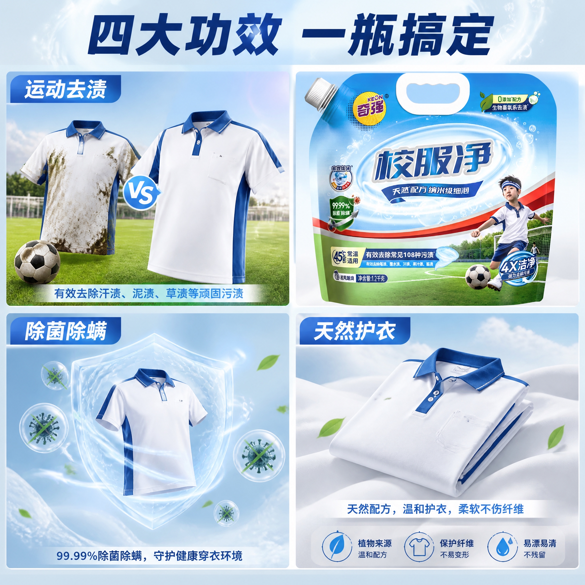 第4张 奇强校服净主图，四宫格多功效，一瓶搞定。使用图1作为商… - 图片创意预览