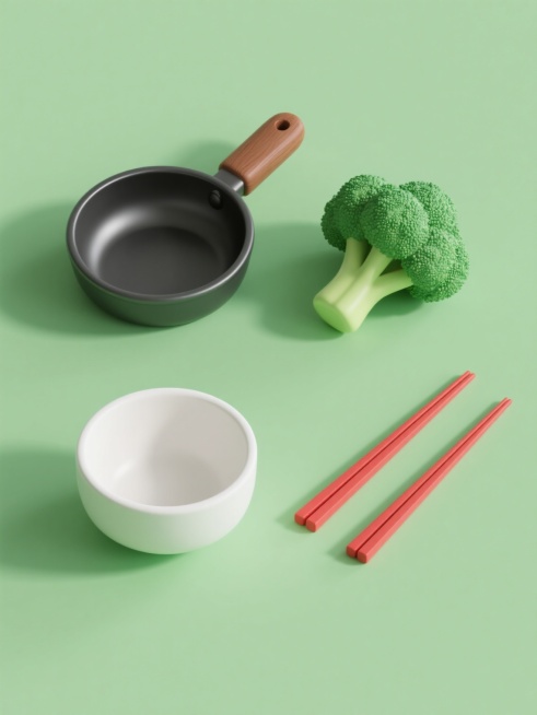 纯色背景上，软3D风格的四个不同元素内容系列素材集合规整排布，包括一个黑色铁锅配棕色木质手柄、一颗新鲜饱满的绿色西兰花、一个白色陶瓷碗和一双红色筷子，每个元素都具有柔和的渐变色彩和细腻的高光阴影，整体画面变换为清新明亮的绿色调，保持元素类目和软3D风格一致性。预览效果