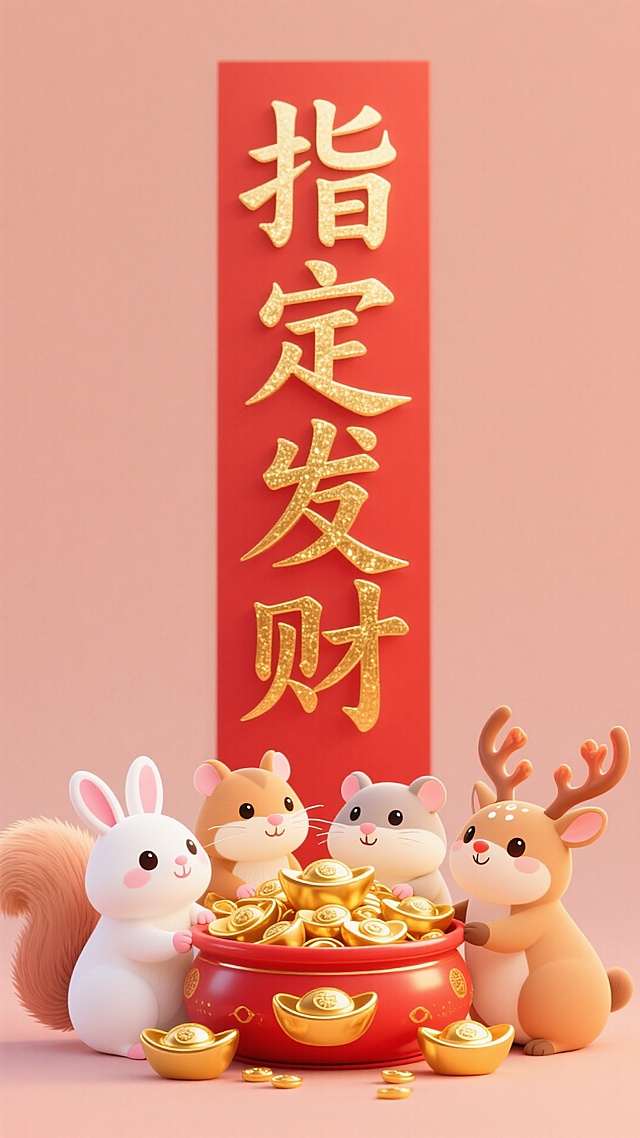 竖版居中摆放 “指定发财” 艺术字，四只软萌小动物（兔、松鼠、仓鼠、小鹿）围坐两侧，聚宝盆盛满金元宝，暖红 + 鎏金喜庆色调，简约纯色背景无多余装饰，插画风，色彩浓郁