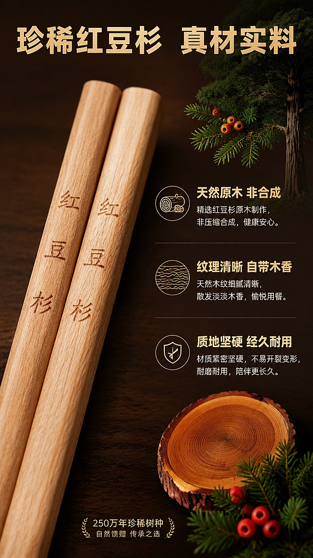 [第3屏] 详情页材质解析-珍稀红豆杉木材真材实料。本屏使用【图3】筷子特写作为微距材质展示主体。
[氛围/风格] 东方新中式自然风，原木质感，微距细节清晰，拼多多风格利益点直白，商业摄影质感。
[元素布局] 画面左侧纵向展示一双红豆杉筷子的微距特写（来自图3），占比约45%，清晰呈现天然木纹肌理和红豆杉刻字；右侧为材质说明区，配红豆杉树木插画、木材横截面示意图、红色果实装饰；背景为深棕色渐变+天然木纹肌理，营造自然珍贵感；筷子材质、颜色、纹理与输入图一致。
[光影质感] 左侧45°侧光突出木纹立体感，筷子表面有细腻光泽，右侧柔光照明文字区，整体沉稳有质感。
[配色色系] 全局底色 #5C3A21 深棕渐变；主色原木棕黄；辅助色深绿（枝叶）、朱红（果实）、米白（文字）。
[视角构图] 左物右文左右分栏构图，筷子微距特写为视觉焦点，阅读动线顶部标题→左侧筷子微距→右侧材质说明。
[文字版式] 顶部通栏大标题「珍稀红豆杉 真材实料」，金色粗黑体；右侧分三段说明：「天然原木 非合成」「纹理清晰 自带木香」「质地坚硬 经久耐用」；每段配小图标和简短解释文字；底部加「250万年珍稀树种」小字标注（克制表达，不使用绝对化用语）。
[比例分辨率] 9:16竖版比例，4K分辨率，文字清晰可辨，高清画质。
[负向提示词] 筷子变形，纹理模糊，颜色偏差，水印，文字错乱，木纹不自然，背景杂乱。