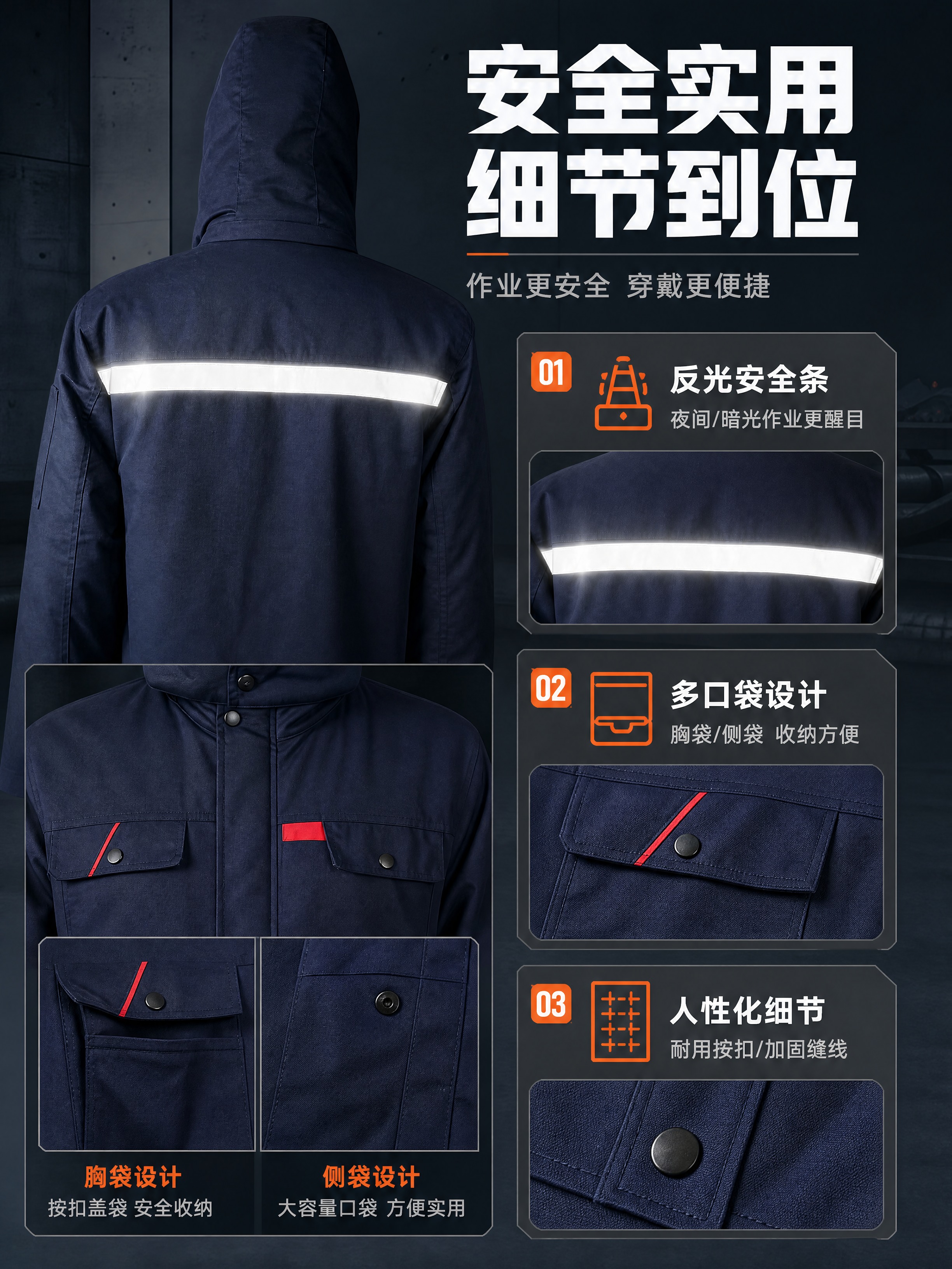 [商品] 使用【图2】藏青色连帽纯棉棉衣工作服背面；商品处理：… - 图片创意预览