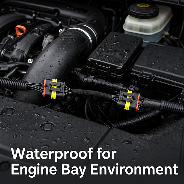 [Extra Scenario 1] Engine bay installation scenario. Keep original product appearance. Show this waterproof extension harness connected between two wiring connectors in a car engine compartment. Clean engine bay environment, focus on the connection. Add text "Waterproof for Engine Bay Environment" at bottom. All text in English. 1:1 square.