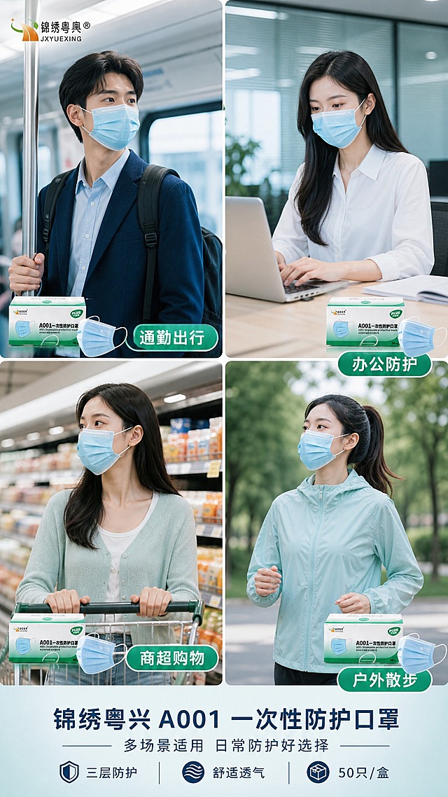 锦绣粤兴A001口罩多场景适用展示，四宫格布局。四个场景：通勤出行、办公防护、商超购物、户外散步，每个场景中人物都戴着蓝色口罩，自然真实。蓝绿色调统一，每个格子右下角有小标签。商业摄影质感，高清清晰。9:16竖版。
