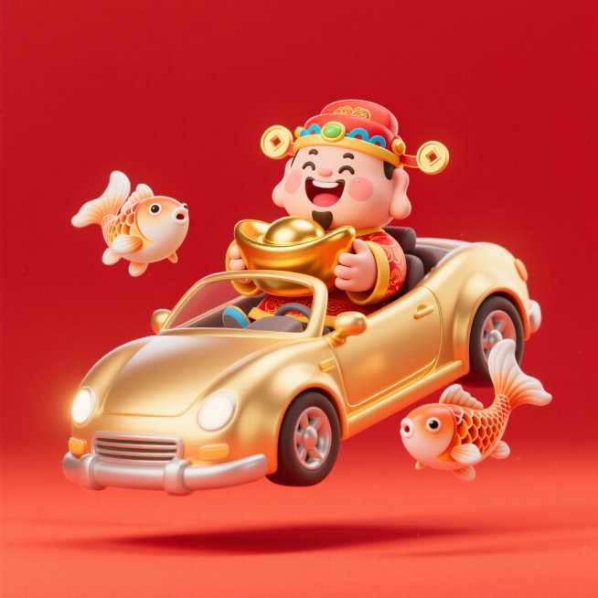 半空中，可爱的财神坐在金色敞篷车里抱着一个金元宝造型，旁边两只肥锦鲤。红色背景预览效果