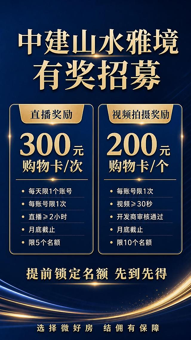 现代商务风格中建山水雅境项目直播/视频拍摄有奖招募海报，竖版9:16，高端大气蓝金配色，画面简洁干净无多余装饰。画面顶部居中大字号主标题"中建山水雅境 有奖招募"。中部左右分栏展示两个奖励板块：左侧板块标题"直播奖励"，下方醒目大字"300元购物卡/次"，细则小字："每天限1个账号·每账号限1次·直播≥2小时·月底截止·限5个名额"；右侧板块标题"视频拍摄奖励"，下方醒目大字"200元购物卡/个"，细则小字："每账号限1次·视频≥30秒·开发商审核通过·月底截止·限10个名额"。两个板块下方居中金色强调语"提前锁定名额 先到先得"。最底部通栏金色小字标语"选择微好房 结佣有保障"。背景为深蓝色渐变，点缀少量金色光效，整体版式精美，层级分明，四周留有安全边距。画面中所有信息区域、奖励卡片、规则条目必须填充完整合理的内容，不得出现空白框或待填写区域。画面中所有数字必须精确渲染，不得错位、遗漏或编造。除上述指定内容外，不添加任何其他文案、按钮、二维码或装饰元素。