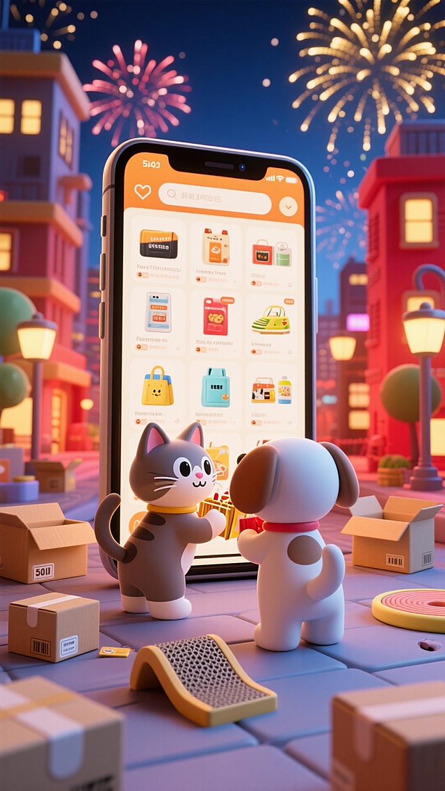 全景视角，城市夜景，小猫和小狗在购物。画面中心巨大的手机屏幕显示着各式各样的商品，周围纸箱、猫抓板，背景是燃放的烟花，金色、红色和蓝色为主色调