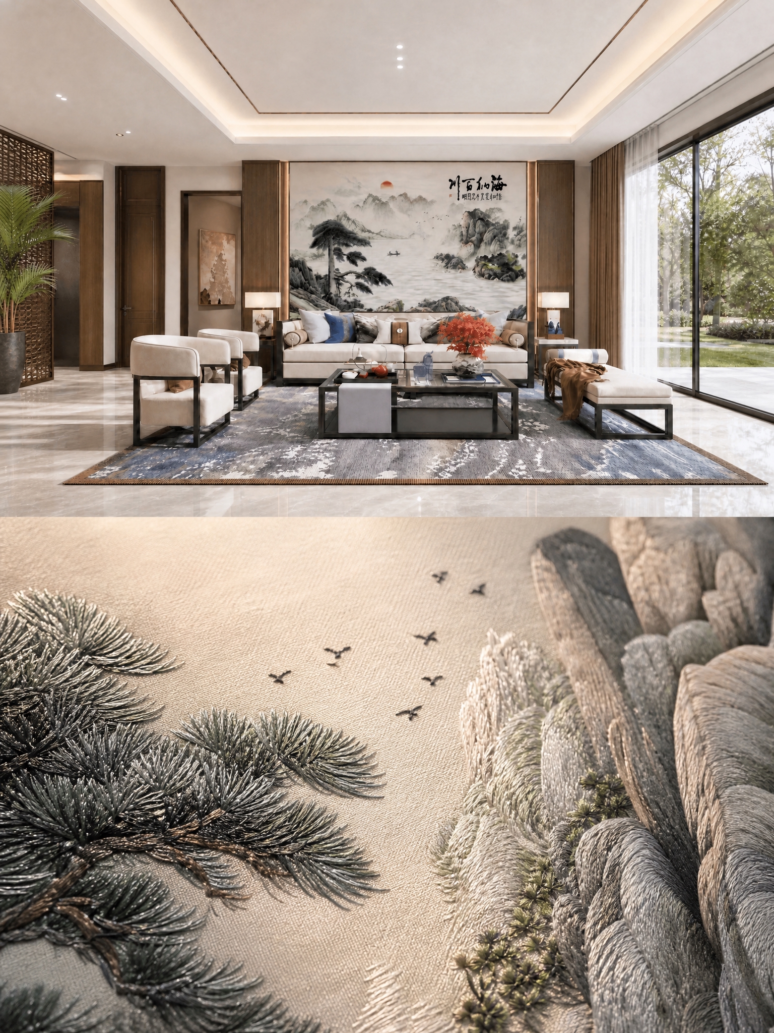 将图片上下拼接，上半部分保留原图的客厅场景图，下半部分是上半部… - 图片创意预览