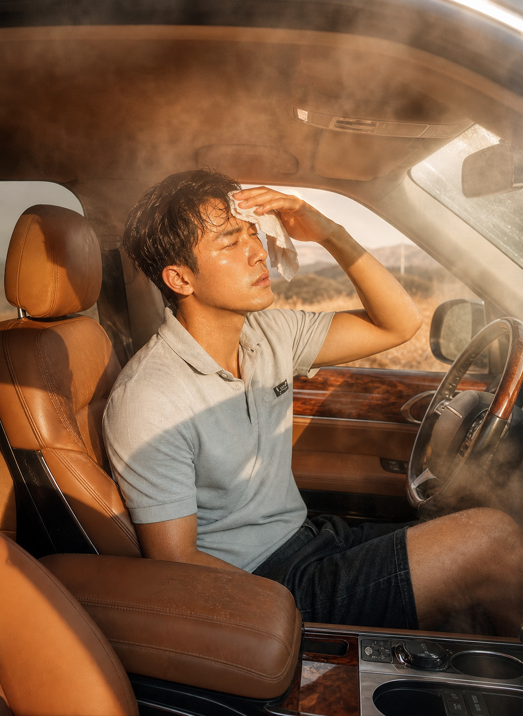 参考图中男子的外貌、发型、服装保持不变，坐在棕色皮质内饰的豪华… - 图片创意预览