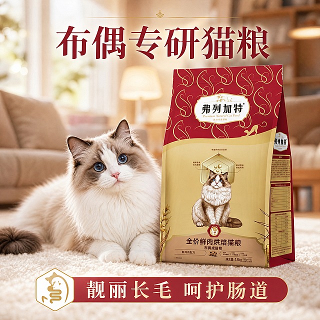 电商卖点素材图，尺寸比例1:1，画面聚焦客厅奶白色毛绒地毯上的一包弗列加特布偶专研猫粮，包装为红金配色，一只布偶猫侧身贴近猫粮，布偶猫毛发顺滑有光泽、蓬松柔软，蓝眼睛，背景是客厅场景虚化处理，整体光线柔和温暖，画面上方有醒目文案“布偶专研猫粮”，下方有卖点文案“靓丽长毛 呵护肠道”，温馨治愈的宠物食品宣传风格，高清精致，商业摄影质感