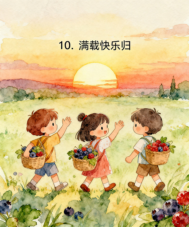 治愈系儿童绘本，太阳落山，三个小伙伴带着满满的浆果和回忆挥手告别，每个人都收获了友谊，画面上方添加文字"10. 满载快乐归"，卡通水彩风格，文字位置合适清晰，整体温馨可爱