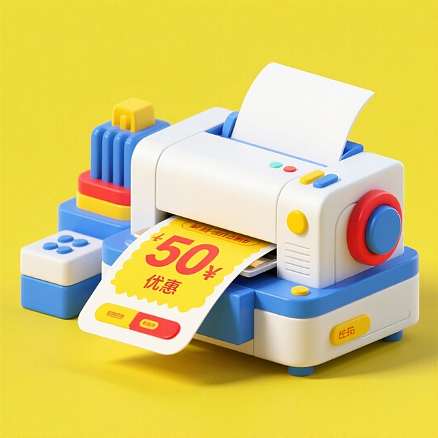 软3D风格打印机萌趣出票，卡通色彩搭配塑料质感，打印50元优惠券，传递节日促销惊喜。