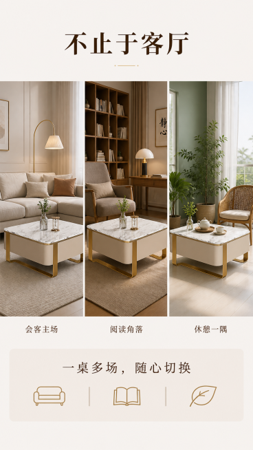 [第6屏] 场景融合屏-三空间应用拼图。\n[氛围/风格] 多场景实拍拼贴风，统一光影与色调，展现产品百搭性，生活感强。\n[元素布局] 三联图：左【客厅场景】茶几配L型沙发+地毯+落地灯；中【书房场预览效果