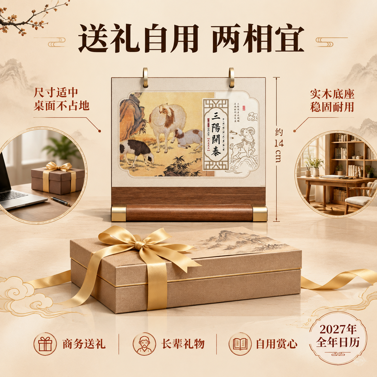 新中式国风台历主图，送礼自用主题展示。台历正面居中展示，画面占… - 图片创意预览
