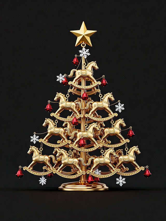 以金色镂空造型打造圣诞树，点缀红饰与雪花元素，借金属质感的精致工艺，融合圣诞经典装饰，营造出奢华又典雅的节日氛围