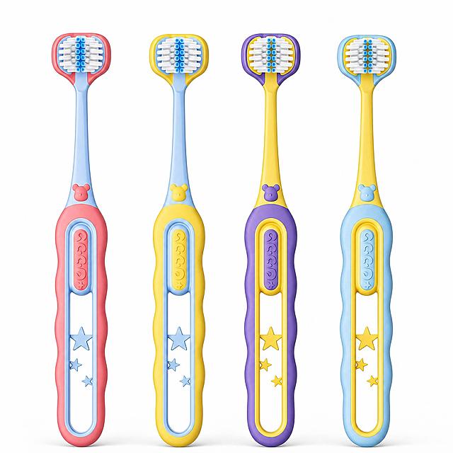 [主图-1] 商品名称 4-Pack Kids 3-Sided Toothbrush（PBT Soft Bristles Ergonomic Handle 2-in-1 Oral Care for Children）。本张为亚马逊平台合规纯白底首图，唯一任务是一眼看清商品全貌、数量与四色组合。
[统一基调] 干净通透的母婴系轻商业摄影质感叠加精致亚马逊信息图排版；背景主色为奶油白到浅天空蓝的柔和渐变，桌面为浅原木色；标题字色统一深海军蓝 #16355F，辅助字色中灰蓝 #5A7391；强调色为珊瑚粉与鹅黄，仅用于细描边、圆点、下划线与小图标；字体统一使用一款圆润无衬线字体，只用字号区分主副层级；组件统一样式为白色圆角卡片配浅蓝细描边、细引线标注与胶囊标签；光影统一为柔和影棚柔光叠加自然窗光，接触阴影干净真实。
[画面] 四支儿童三面牙刷直立并排、间距均匀居中排列于纯白背景之上，产品整体占据画面约 88%；刷头一律朝上，视角为平视略俯约 8 度，四支牙刷朝向一致并呈轻微扇形错落层次；完整保留输入图中珊瑚粉、鹅黄、葡萄紫、天空蓝四色手柄、外层防滑软胶的波浪轮廓、白色内嵌握柄板、彩色星星装饰、颈部小动物造型与白色软毛三面刷头，结构、比例与颜色与输入产品图完全一致；画面不添加包装盒、不添加任何道具与人物。
[光影质感] 完整沿用输入产品图的干净柔光与浅淡落地接触影，浅灰白软阴影自然落在牙刷正下方，刷毛保持蓬松纤维质感，手柄呈现细腻哑光软胶反光，禁止出现悬浮感或边缘硬切。
[配色] 纯白背景 #FFFFFF 到 #F7F9FB 的极浅过渡，画面颜色完全来自产品本身。
[文字版式] 本张为亚马逊首图，画面不出现任何文字、数字、图标、徽章、边框与装饰元素。
[输出要求] 比例 1:1，产品清晰锐利、结构完整不被切割。负向：变形、错字、模糊、杂乱、水印、平台 Logo、多余道具、中文文字、悬浮穿模。