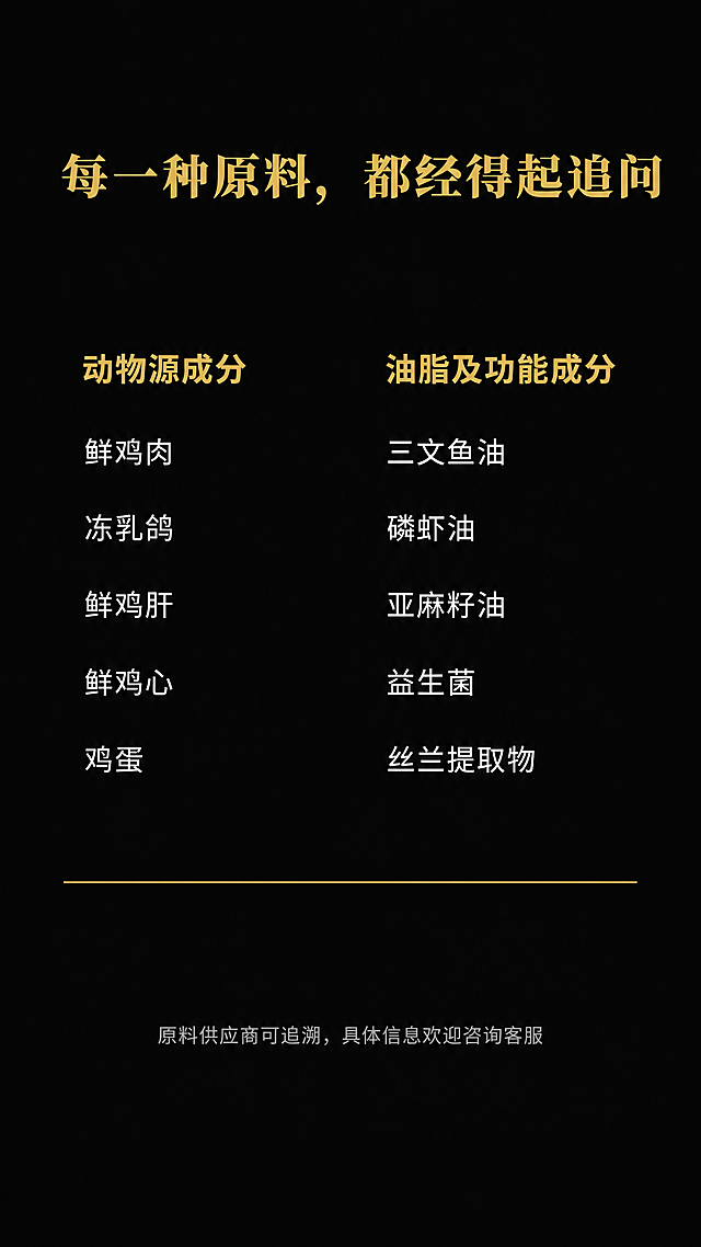 这是剩下的6屏设计「图片1」「图片1」原料溯源
图片设计思路
背景：#0A0A0A。
两列金色文字，白色正文。标题金色，分隔线金色（1px）。无需图片。
详细设计参数
元素	坐标 (x, y)	尺寸	说明
主标题	(540, 60)	—	金色 #C9A03D，34px Bold，“每一种原料，都经得起追问”
左列标题	(60, 140)	—	金色18px Bold，“动物源成分”
左列列表	(60, 180) 起	行高1.8	白色 #FFFFFF，16px Regular，“鲜鸡肉（山东XX公司）”“冻乳鸽”“鲜鸡肝”“鲜鸡心”“鸡蛋”
右列标题	(540, 140)	—	金色18px Bold，“油脂及功能成分”
右列列表	(540, 180) 起	行高1.8	白色16px Regular，“三文鱼油”“磷虾油”“亚麻籽油”“益生菌”“丝兰提取物”
金色分隔线	(60, 380) 至 (1020, 380)	高1px	金色 #C9A03D
底部小字	(540, 1100)	—	#999999，14px Light，“原料供应商可追溯，具体信息欢迎咨询客服”
第8屏：用户评价（黑金卡片）
图片设计思路
背景：#0A0A0A。
3张卡片：背景 #1A1A1A，金色边框1px，圆角16px。内部头像金色圆形边框，昵称白色，评价文字白色，猫咪小图金色边框。
与方案二第9屏类似，但配色改为黑金。
详细设计参数
元素	坐标 (x, y)	尺寸	说明
主标题	(540, 40)	—	金色 #C9A03D，32px Bold，“他们选择，他们信任”
卡片1背景	(60, 100)	宽320px，高300px	背景 #1A1A1A，金色边框1px，圆角16px
卡片1头像	(180, 130)	直径60px	金色圆形边框，内部头像
卡片1昵称	(180, 200)	—	#CCCCCC，16px，“喵***”
卡片1正文	(60, 220)	宽280px	#FFFFFF，16px Regular，“吃了两周，软便明显改善，毛也亮了”
卡片1猫咪小图	(220, 260)	宽80px，圆角8px	金色边框1px
卡片2背景	(390, 100)	同上	同上
卡片2正文	(390, 220)	宽280px	“原来便便特别臭，换了这个粮味道小了很多”
卡片3背景	(720, 100)	同上	同上
卡片3正文	(720, 220)	宽280px	“我家挑食怪终于肯好好吃饭了”
底部小字	(540, 1130)	—	#999999，14px Light，“更多真实评价可查看店铺评价”
第9屏：检测报告（金色数据框）
图片设计思路
背景：#0A0A0A。
左侧：检测报告缩略图，加金色边框。
右侧：数据框，背景半透明黑（#00000080），金色边框，金色大数字，白色文字。
详细设计参数
元素	坐标 (x, y)	尺寸	说明
报告缩略图	(80, 200)	宽450px，圆角12px	金色边框2px
数据框	(550, 200)	宽450px，高280px	背景 #00000080，金色边框1px，圆角16px，内边距25px
框内大数字	(775, 260)	—	金色 #C9A03D，56px Heavy，“92.4%”
框内文字	(775, 330)	—	白色 #FFFFFF，20px Medium，“胃蛋白酶消化率（体外）”
框内编号	(775, 370)	—	#CCCCCC，12px Light，“A2250688959101005C”
框内小字	(775, 400)	—	#CCCCCC，12px Light，“数据反映蛋白质体外消化程度，个体差异存在”
底部说明	(540, 1120)	—	#CCCCCC，14px Light，“核心营养指标符合AAFCO、GB/T、fediaf标准”
第10屏：0添加承诺（金色禁止符号）
图片设计思路
背景：#0A0A0A。
四个禁止图标：金色禁止符号，80×80px，2×2网格。下方白色文字。标题金色。
小字灰色。
详细设计参数
元素	坐标 (x, y)	尺寸	说明
主标题	(540, 80)	—	金色 #C9A03D，32px Bold，“我们不添加什么，和添加了什么同样重要”
0谷物图标	(270, 200)	80×80px	金色禁止符号
0肉粉图标	(810, 200)	80×80px	金色禁止符号
0诱食剂图标	(270, 400)	80×80px	金色禁止符号
0防腐剂图标	(810, 400)	80×80px	金色禁止符号
图标下方文字	(270, 300), (810, 300), (270, 500), (810, 500)	—	白色 #FFFFFF，18px Bold，“0谷物”“0肉粉”“0人工诱食剂”“0人工防腐剂”
小字	(540, 550)	—	#999999，14px Light，“0谷物：不添加玉米、小麦、大米等常见谷物”
第11屏：科学喂养（黑色表格，金色边框）
图片设计思路
背景：#0A0A0A。
喂食量卡片背景 #1A1A1A，金色边框1px，文字白色（体重）和金色（喂食量）。
换粮法进度条底色 #2C2C2C，渐变金色。
详细设计参数
元素	坐标 (x, y)	尺寸	说明
主标题	(540, 60)	—	金色 #C9A03D，34px Bold，“每天喂多少？参考这个表”
卡片1	(80, 140)	宽920px，高70px	背景 #1A1A1A，金色边框1px，圆角12px；左文字18px白色“<2.5kg”，右文字18px金色“30-50g/天”
卡片2	(80, 220)	同上	“2.5-4kg”→“50-80g/天”
卡片3	(80, 300)	同上	“4-6kg”→“80-110g/天”
卡片4	(80, 380)	同上	“>6kg”→“110-140g/天”
换粮法标题	(540, 520)	—	金色 #C9A03D，24px Bold，“7天换粮法，肠胃不闹脾气”
进度条	(80, 580)	宽920px，高30px，圆角15px	底色 #2C2C2C，渐变 #C9A03D
进度条下方文字	(180,620), (460,620), (740,620), (1020,620)	—	#CCCCCC，14px Light，“第1-2天 25%新粮”“第3-4天 50%新粮”“第5-6天 75%新粮”“第7天起 100%新粮”
底部小字	(540, 1120)	—	#999999，14px Light，“请根据运动量、季节调整，并提供充足清洁饮水。”
第12屏：售后+行动号召（爱马仕橙底，金色按钮）
图片设计思路
背景：爱马仕橙 #FF6600（纯色，无渐变）。
产品包装和试吃装图片与方案一相同。
按钮：金色底，黑色文字（或白色，保持对比）。
详细设计参数
元素	坐标 (x, y)	尺寸	说明
产品包装	(280, 150)	宽280px	透明底PNG
试吃装	(720, 180)	宽200px	透明底PNG
主标题	(540, 600)	—	白色 #FFFFFF，40px Bold，“不爱吃？正装退，试吃送你”