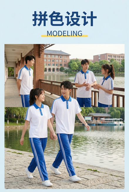 严格使用用户上传的蓝白校服产品图，不要改变产品的款式颜色等，四位年轻的亚洲学生模特身着POLO衫在校园走廊与湖边互动展示，脸型发型各不相同。产品完整清晰呈现于画面核心位置。画面主色调为白、酒红、黑三色预览效果