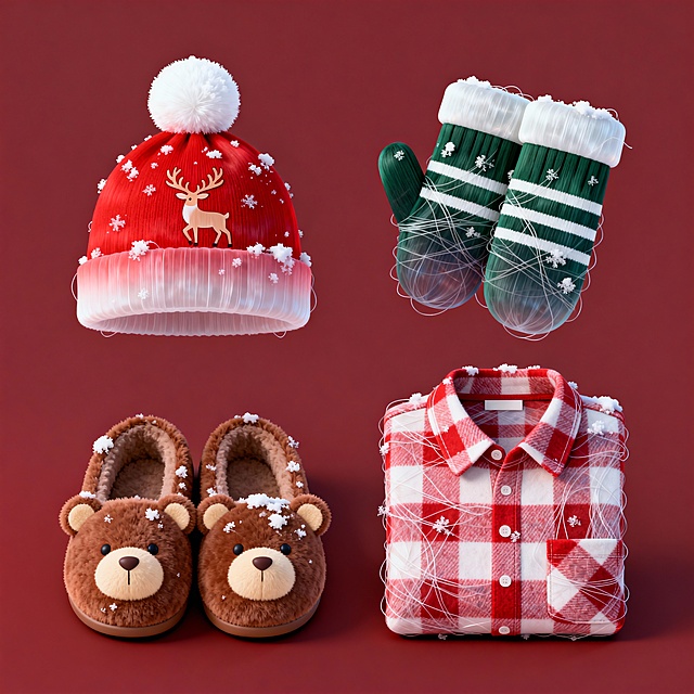 4个圣诞节相关元素组合，每个元素上都沾着洁白的积雪，分别是：一顶红色带有白色毛球和麋鹿图案的针织帽、一副厚厚的连指手套手套是深绿色带白色条纹、一双棕色毛绒室内拖鞋鞋面有立体小熊耳朵、一件红白格纹法兰绒衬衫；元素上下两行整齐排列，背景是温暖的深红色纯色背景。
