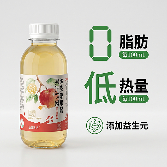 [主图 6] 配料表营养数据展示。[氛围风格] 干净专业，突出健康属性。[画质] 商业摄影质感、光线柔和通透、产品清晰真实、画面干净高级。[元素] 整瓶陈皮苹果醋放置在画面左侧，右侧留出空间展示营养成分：用图形化大数字展示核心数据，0脂肪、低热量，突出益生元添加。背景浅灰色干净简洁。保持产品外观（物理结构、材质质感、颜色）与输入产品图绝对一致，杜绝任何变形和色差，精细化处理。主体占比约60%，画面满屏无边框。[光影] 均匀柔和光线，数据清晰突出，整体干净专业。[配色] 浅灰底色搭配产品红白色，数据用绿色标注健康属性，清晰对比。[文字版式] 右侧数据展示：大绿色数字「0 脂肪」，下方小字说明，再依次「低热量」「添加益生元」，文字整齐排版，清晰易读不拥挤。[比例分辨率] 1:1 比例，2k 分辨率；文字清晰锐利，画面超高清。[负向提示词] 变形，水印，文字错乱，产品图模糊，背景杂乱。