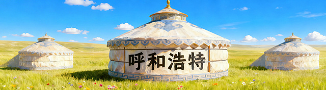 将天空中的云朵调小，缩小现有大云朵的尺寸，让云朵更小更错落分布，保留草地野花、蒙古包和“呼和浩特”文字不变，维持360*100尺寸