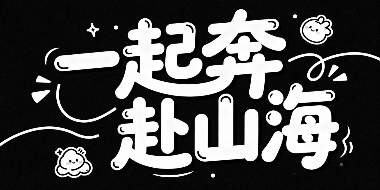 综艺风格创意字体，圆润流畅的笔画，黑白高对比色调，黑色深邃背景，白色醒目字体，字体边缘柔和处理，“一起奔赴山海”主题文字，灵动曲线设计，周围点缀萌趣装饰元素，整体呈现活泼俏皮的综艺感预览效果