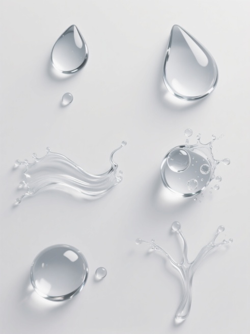 纯白背景上，六个完全不同的雨水元素内容系列素材集合规整排布，每个元素均保持透明玻璃质感的写实水滴与水流形态，具有清晰的高光反射和柔和阴影，水滴大小不一，水流线条流畅自然，包含不同动态的水滴坠落、水流蜿蜒、水花溅起、气泡包裹水滴、水滴碰撞融合、细长水流分叉等形态，整体风格统一，呈现出真实的液体物理特性和光影效果，元素之间间距均匀，排布整齐有序。预览效果