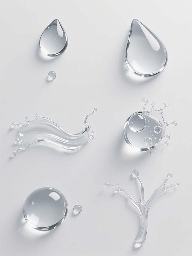 纯白背景上，六个完全不同的雨水元素内容系列素材集合规整排布，每个元素均保持透明玻璃质感的写实水滴与水流形态，具有清晰的高光反射和柔和阴影，水滴大小不一，水流线条流畅自然，包含不同动态的水滴坠落、水流蜿蜒、水花溅起、气泡包裹水滴、水滴碰撞融合、细长水流分叉等形态，整体风格统一，呈现出真实的液体物理特性和光影效果，元素之间间距均匀，排布整齐有序。