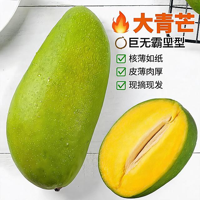 大青芒，展示大果尺寸，核薄如纸、皮薄肉厚，现摘现发，新鲜大芒果，适配抖音电商主图，简约清新风格