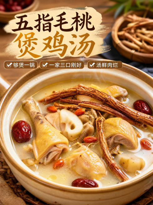 一碗五指毛桃煲鸡汤，汤色奶白微黄，食材清晰可见，配文字“够煲一锅，一家三口刚好，汤鲜肉烂”，温馨美食风格，电商主图预览效果