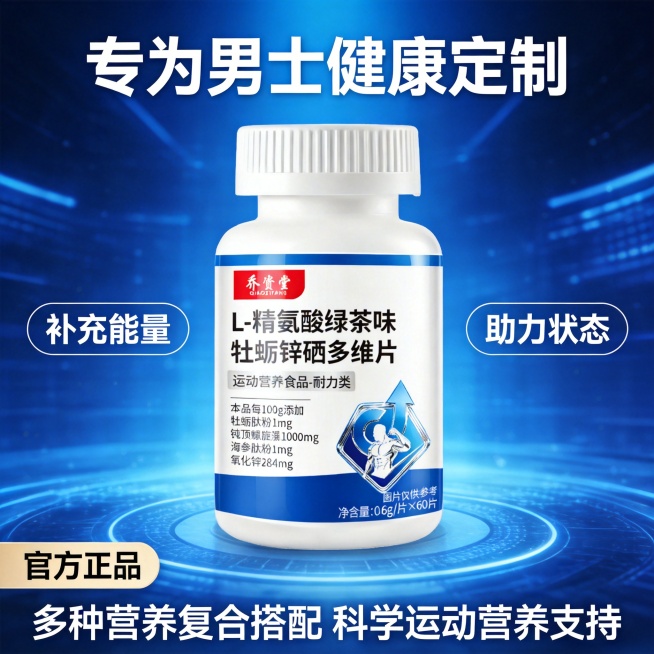 生成第四张电商主图，产品是运动营养耐力类食品乔资堂L-精氨酸绿茶味牡蛎锌硒多维片，参考图5的版式风格，男性营养主题，蓝色光效科技背景，产品瓶身单瓶居中展示，主标题“专为男士健康定制”，两个卖点“补充能预览效果