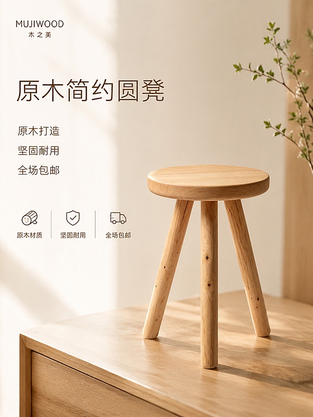 [单张主图] 原木实木圆凳，高级氛围感主图，展示简约耐用的原木小凳商品。保持圆凳外观即物理结构、材质质感、颜色与输入产品图绝对一致，杜绝任何变形和色差，精细化处理。[构图版式] 采用左文右物场景型版式，左侧保留大面积留白放文字信息，产品放右侧放大，底部用原木色台面承托，主体占画面约45%。[场景元素] 背景为浅米色原木风客厅角落，台面为实木餐边柜，角落点缀少量细枝绿叶增加自然氛围，无多余杂物不抢主体。[文案版式] 左侧留白处从上到下排版：顶部品牌区域，然后大号主标题"原木简约圆凳"，接着三行短卖点"原木打造"、「坚固耐用」、「全场包邮」，底部搭配三个极简线稿小图标分别对应材质、耐用性和包邮服务。文字都放在自然留白处，不遮挡产品。[光影质感] 自然柔和的午后斜射窗光，主光从左侧来，产品边缘有清晰柔和投影，背景轻度虚化突出主体，材质真实清晰，保留原木清晰纹理，光线通透不灰蒙。[配色字体] 主色调浅原木色+米白色，辅助色提取原木暖棕色，字体选用细轻无衬线字体，字重克制，主标题最大，卖点文字缩小，颜色为深棕色与浅色背景形成清晰对比。[比例分辨率] 3:4比例，4k分辨率，文字清晰可辨，超高清。[负向提示词] 变形，文字错乱，产品图模糊，背景杂乱，水印，电商平台Logo，错字，主体遮挡，低清晰度，错误结构