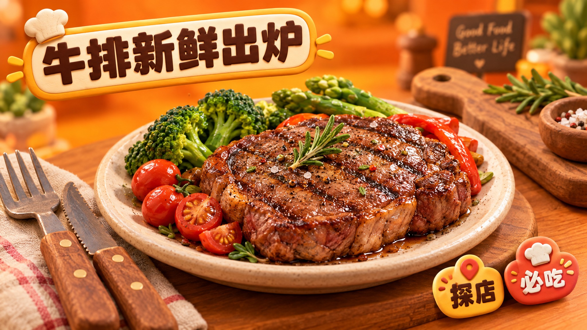 活力美食风格，暖橙色背景，中心是一盘色泽诱人的牛排，搭配新鲜的… - 图片创意预览