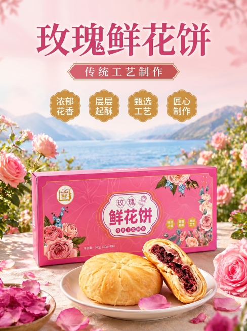 云南玫瑰鲜花饼电商详情页首图，展示产品包装盒和完整鲜花饼，切开一半露出饱满玫瑰馅料，粉色清新花卉背景，包含大字标题"玫瑰鲜花饼"和副标题"传统工艺制作"，卖点：浓郁花香、层层起酥、甄选工艺、匠心制作，预览效果