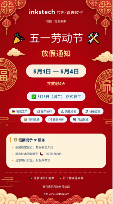 将这张五一劳动节放假通知的背景替换为红色祝福主题的红色底层，保留所有原有的文字、图标和排版内容不变预览效果