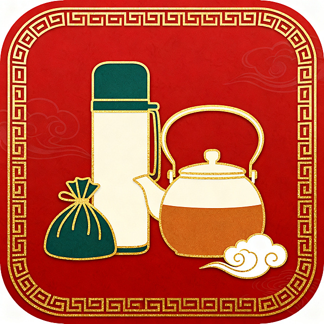 圆角正方形APP图标，新中式国风风格，底色是带有细微祥云暗纹的正红色，边缘有金色传统回纹边框，图标中心是扁平插画：金色线条勾勒保温杯、艾草包与养生壶组合，主体填充低饱和墨绿、米白和暖棕，右下角搭配白色祥云纹样装饰，整体色调红+金+低饱和配色，线条干净流畅，识别度高，简约国风风格