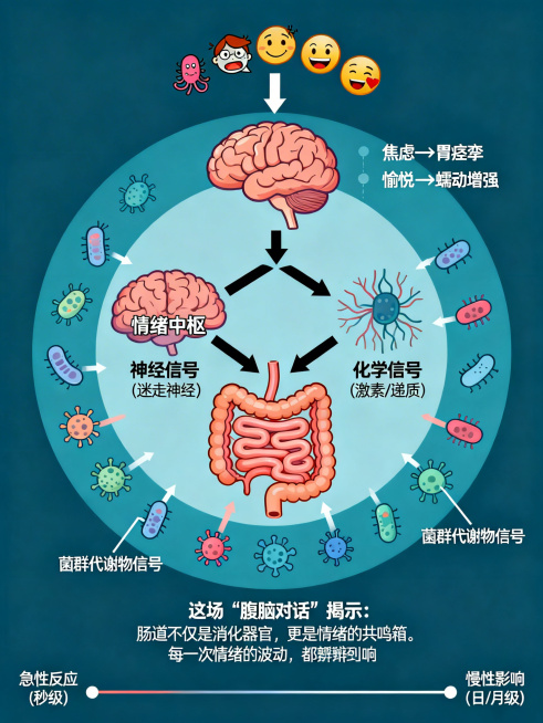 中央环：大脑（情绪中枢）与肠道（含神经丛）通过双向箭头连接，标注“神经信号（迷走神经）”与“化学信号（激素/递质）”。外围环：环绕肠道绘制微生物群（细菌形态图标），箭头指向肠道神经，注明“菌群代谢预览效果