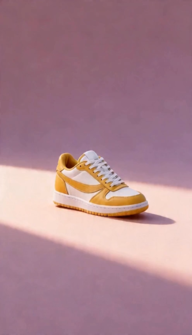 9:16比例，8秒治愈系动态视频，梦幻粉紫渐变天空，一只黄白配色的运动鞋悬浮在泛起柔和涟漪的水面上，周围是生机盎然的野花海洋，粉色花瓣随波轻荡。0-2秒：远景镜头从朦胧天空缓缓推近，聚焦到水面上的运动预览效果