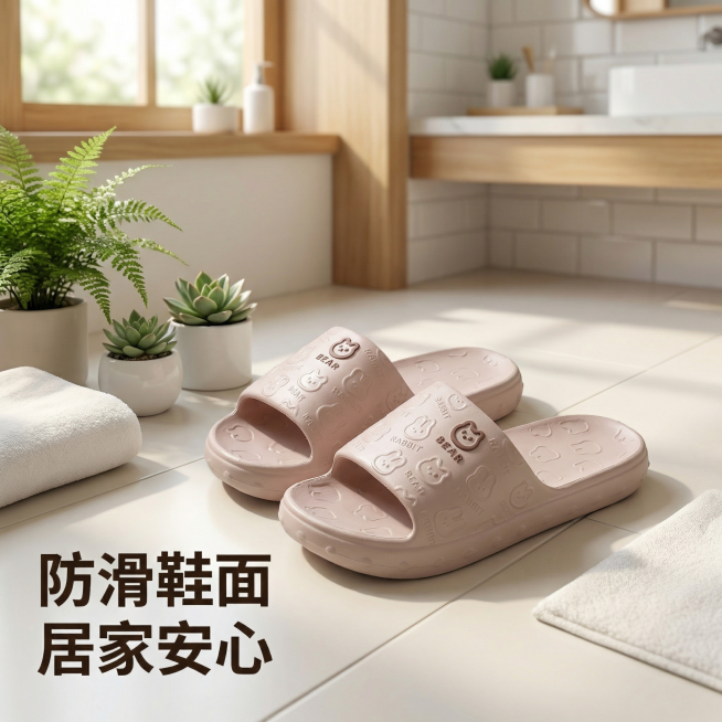 [主图 4] 场景使用展示图
[氛围风格] 生活化居家场景，温馨舒适
[画面元素] 商业摄影质感、光线柔和通透、产品清晰真实、画面干净高级。一双浅粉色凉拖鞋放置在卫生间干净的地面上，旁边点缀少量绿植，预览效果